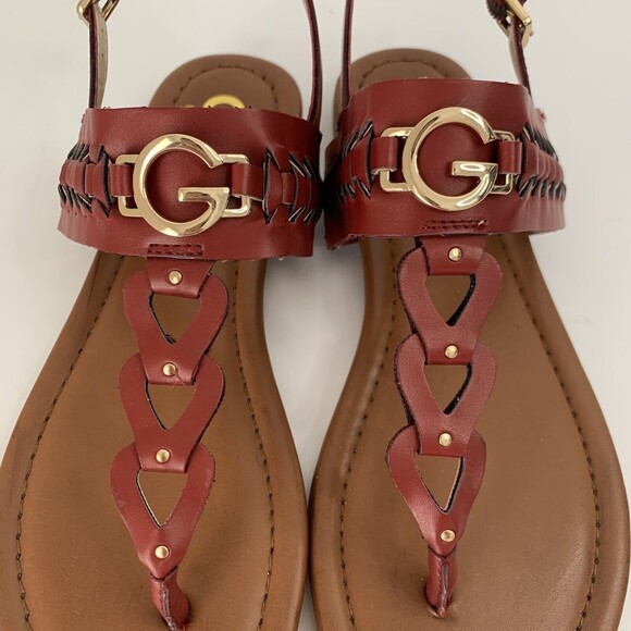 GBG Guess Lovey Sandals Women 6.5 Red Gold Slingback T-Strap Open Toe Summer - Picture 2 of 8